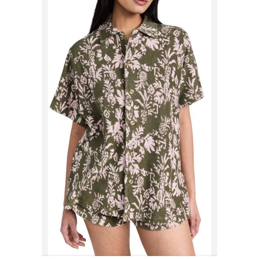 THE UPSIDE Cocos Stella Terry Top Olive Short Sleeve Button Size Large Floral NW